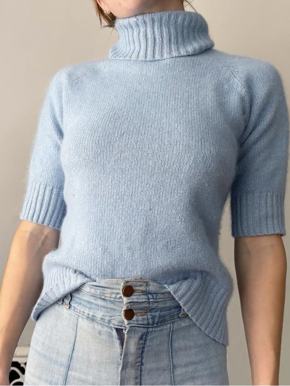 Vintage 80s cottagecore mohair blend knit short sleeve turtleneck sweater